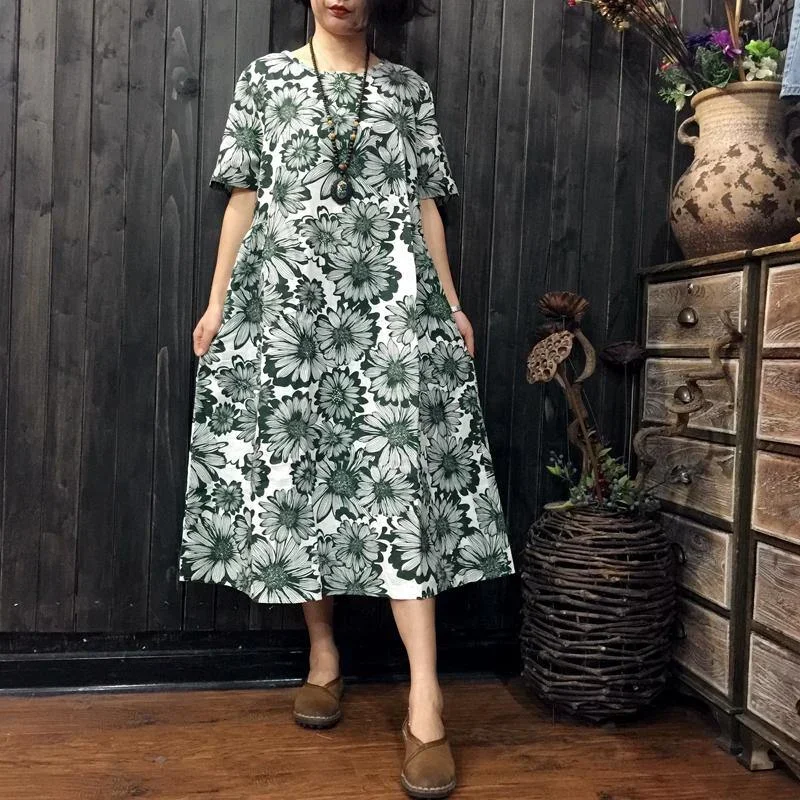 women green prints linen shift dresses Loose fitting linen maxi dress boutique short sleeve o neck cotton clothing