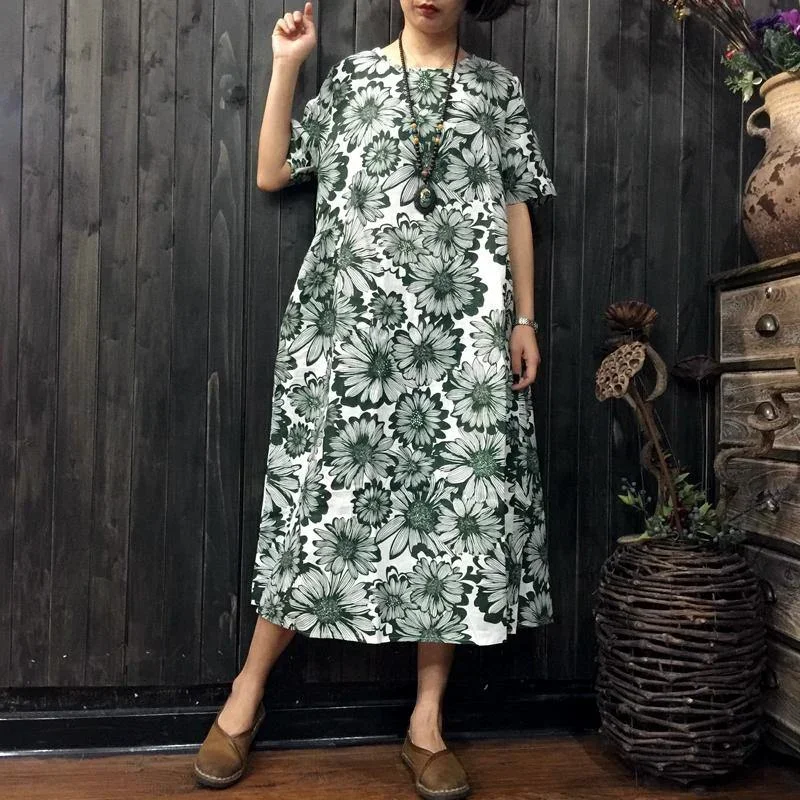 women-green-prints-linen-shift-dresses-loose-fitting-linen-maxi-dress-boutique-short-sleeve-o-neck-cotton-clothing