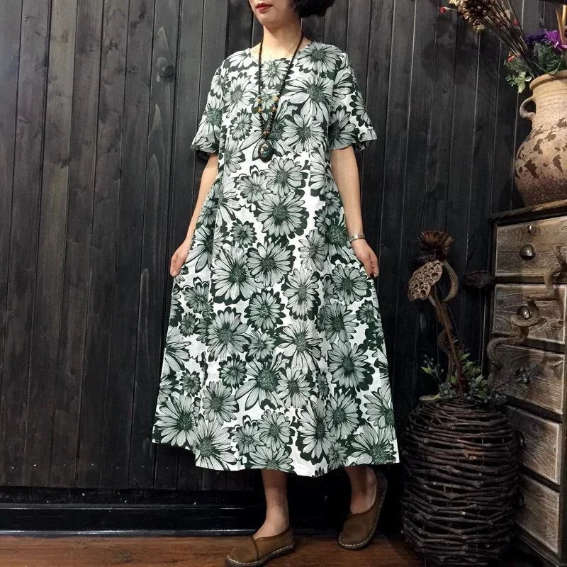 women-green-prints-linen-shift-dresses-loose-fitting-linen-maxi-dress-boutique-short-sleeve-o-neck-cotton-clothing