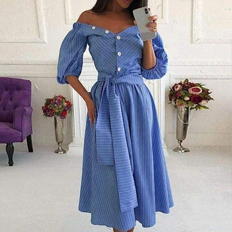 FashionSierra - Women Lantern Sleeve Bodycon Midi Dress Summer Ladies Casual Off Shoulder Striped Long Dress Summer Holiday Clothing