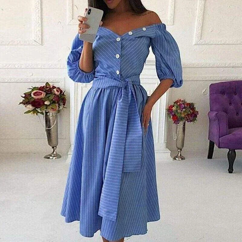 women-lantern-sleeve-bodycon-midi-dress-summer-ladies-casual-off-shoulder-striped-long