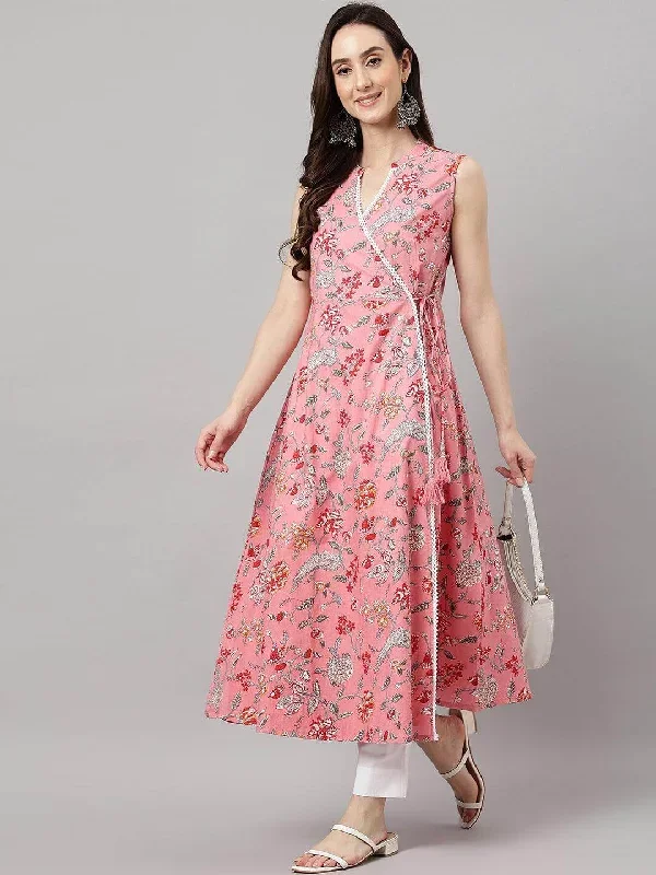 Women's Pink Cotton Floral Print Angrakha Kurta