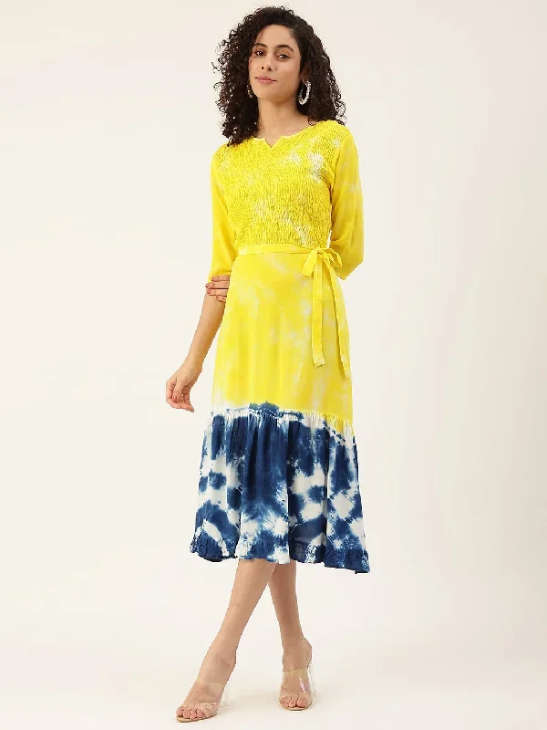 Yellow & Navy Blue Tie Dye A-Line Midi Dress With Tie-Up Belt