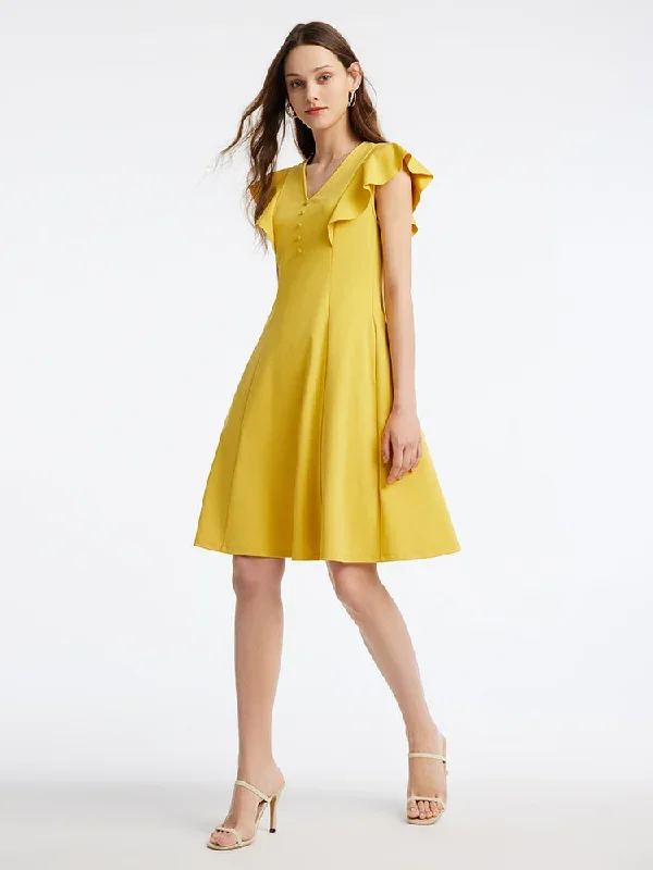 Yellow V-Neck Ruffle Sleeve Mini Dress